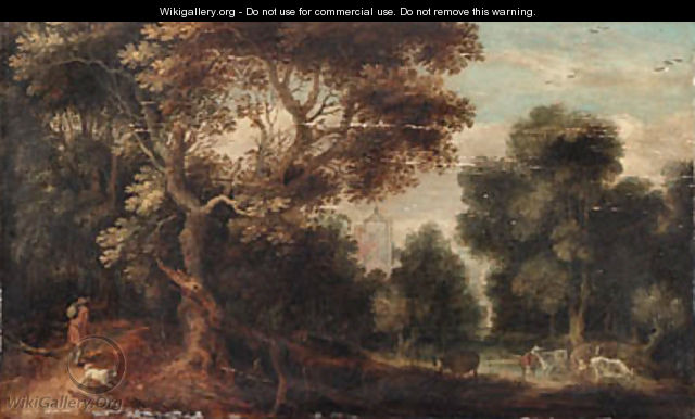 A wooded river landscape with a traveller and a dog on a path, cattle watering and figures resting, a church beyond - Gillis Claesz. De Hondecoeter