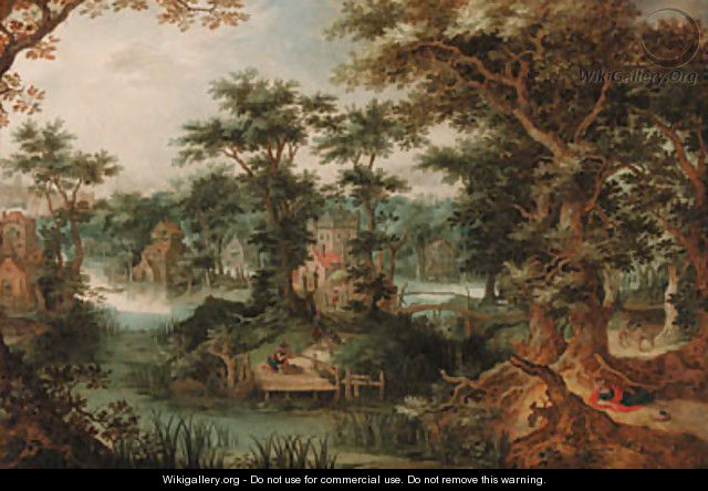 A town in a wooded river landscape with huntsmen and other figures - Gillis Claesz. De Hondecoeter