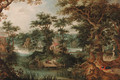 A town in a wooded river landscape with huntsmen and other figures - Gillis Claesz. De Hondecoeter