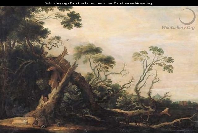 Stags and rabbits at the foot of a blasted tree in a landscape - Gillis Claesz. De Hondecoeter