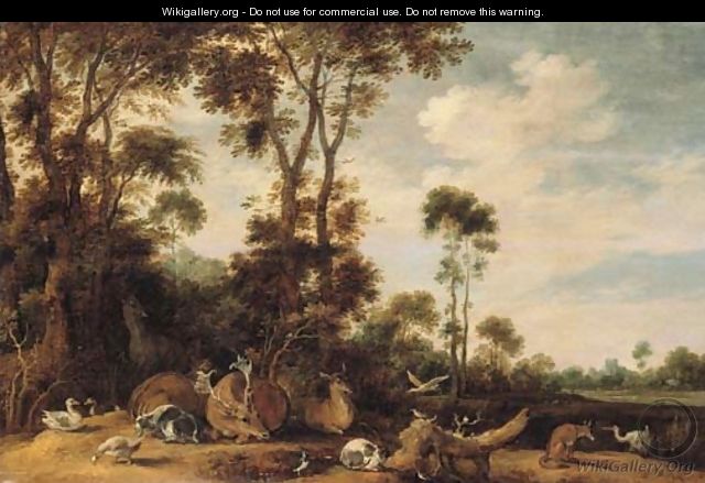 Deer, a goat, a cat, a fox and birds in a wooded landscape - Gillis Claesz. De Hondecoeter