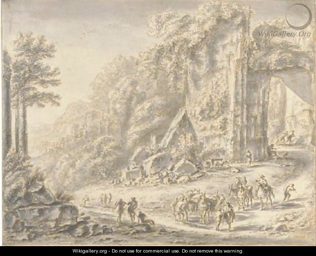 A gateway in the walls of a ruined city with travellers and pack-animals - Gilles Neyts