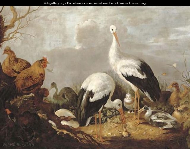 Storks, mallards, chickens, a heron, a frog and other birds in a river landscape - Gijsbert Gillisz. de Hondecoeter