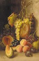 Grapes, peaches, figs, a melon and a wine flask against a wall - Giuseppe Falchetti
