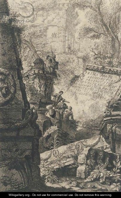 Ruins of an ancient tomb in front of ruins of an ancient aqueduct - Giovanni Battista Piranesi