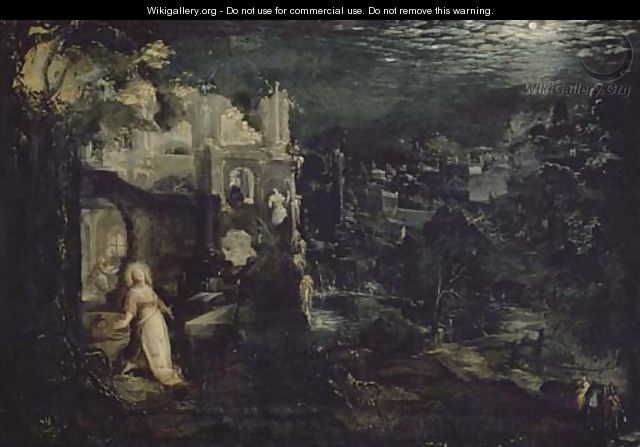 A moonlit landscape with classical ruins and the Penitent Magdalen - Gillis van Valckenborch