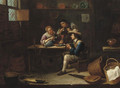 Peasants eating, drinking and smoking in an interior - Gillis Van Tilborgh