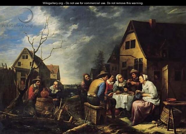 Maids serving peasants outside an inn - Gillis van Tilborgh