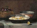A still life with eggs, plums and a lemon, on a draped ledge - Theodule Augustine Ribot