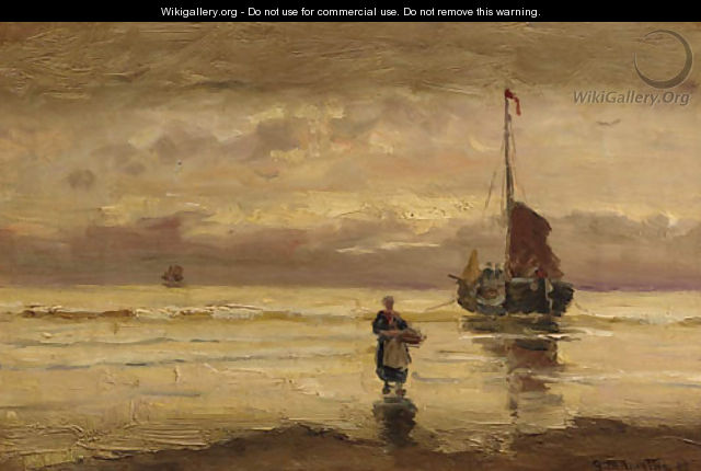 A beached bomschuit at sunset - Gerhard Arij Ludwig Morgenstje Munthe
