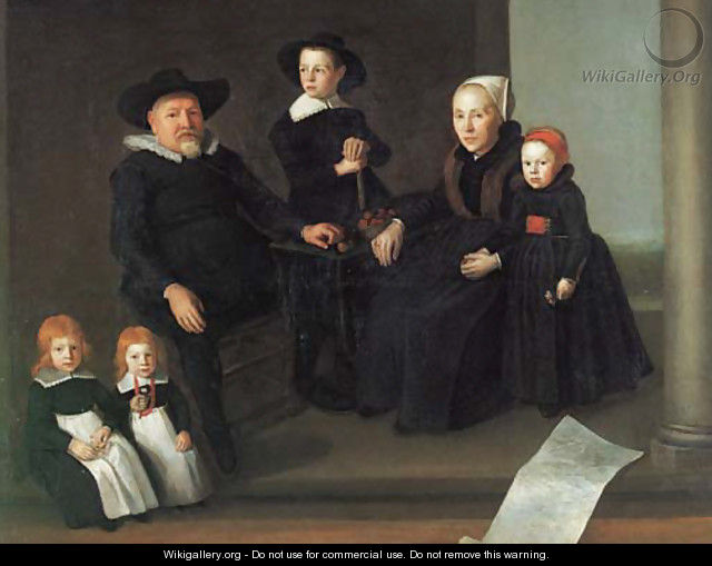 Group portrait of a gentleman and his wife, and their four children on a terrace - Gerbrand Ban