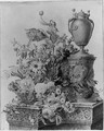 A Still life with Flowers in a Basket by an Urn on stand on a Marble Ledge - Gerard Van Spaendonck