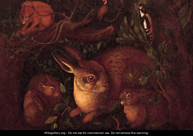 Hares in a forest with a squirrel - German School