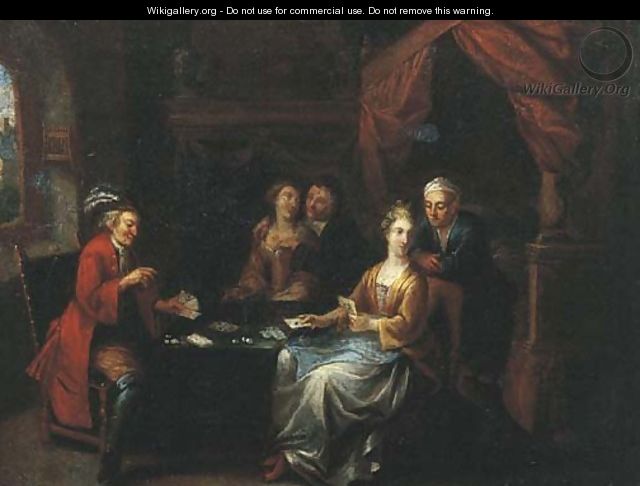Elegant company playing at cards in an interior - German School