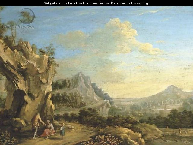 An extensive mountain landscape with travellers resting on a path - German School