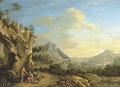 An extensive mountain landscape with travellers resting on a path - German School