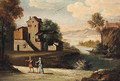 A river landscape with travellers on a track, a farmstead and anglers beyond - German School