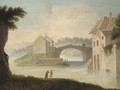 A river landscape with travellers near a bridge - German School