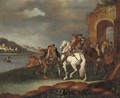 A river landscape with horsemen and other travellers by an arch - German School