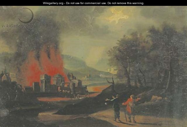 A nocturnal landscape with travellers approaching a burning fortified city - German School