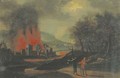 A nocturnal landscape with travellers approaching a burning fortified city - German School