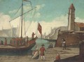 A Mediterranean harbour with elegant figures and a cleric on a quay shipping beyond - German School