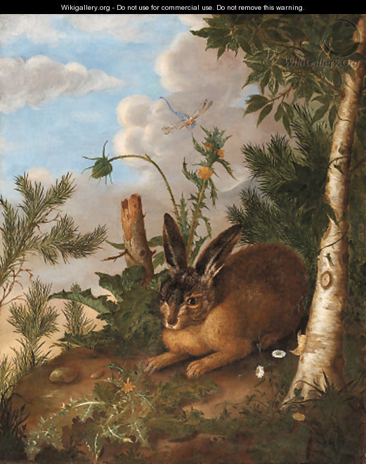 A hare and a dragonfly in a landscape - German School