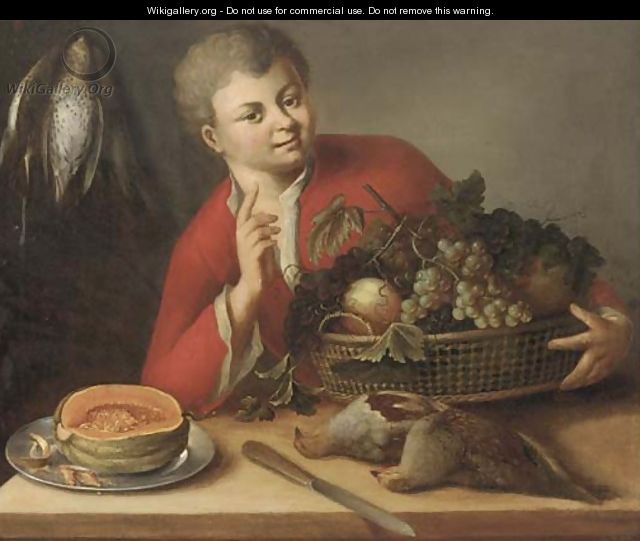 A boy holding a basket of grapes and peaches by a table with partridges and half a melon - German School