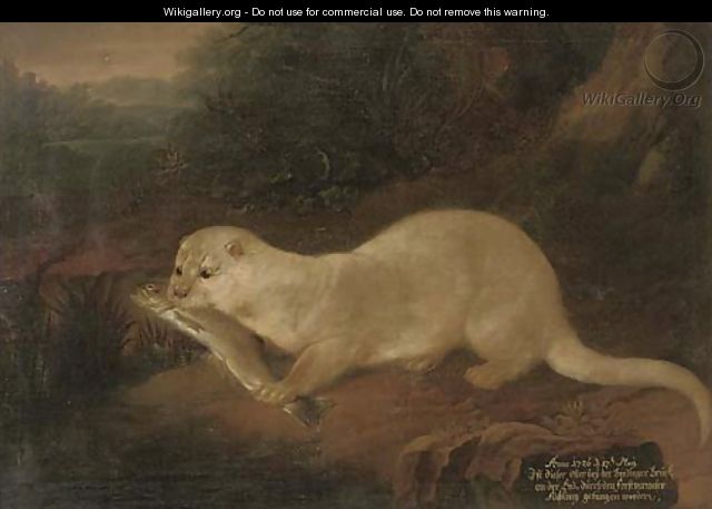 A river landscape with an otter holding a fish - German School