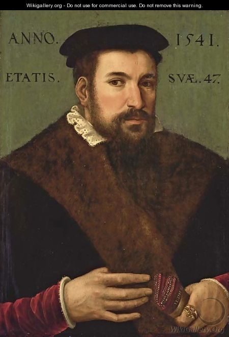 Portrait of a gentleman, half-length, in a black cloak with brown fur trim and a white lace collar, wearing a black cap - German School