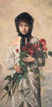 Portrait of a young Girl holding red Chrysanthemums - German School