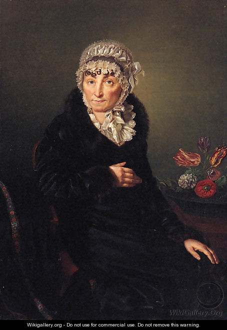 Portrait of a Lady, seated, three-quarter-length, in a black coat and white lace bonnet, by a basket of flowers - German School