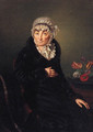 Portrait of a Lady, seated, three-quarter-length, in a black coat and white lace bonnet, by a basket of flowers - German School