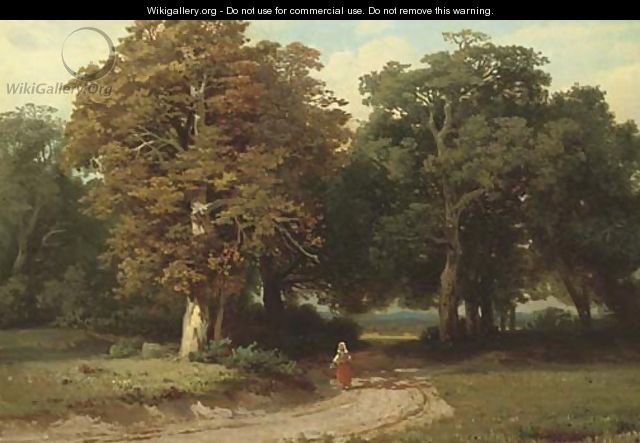 A woman on a forest path - German School