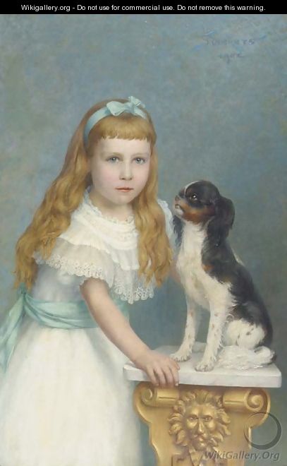 A girl with her Prince Charles Spaniel - German School