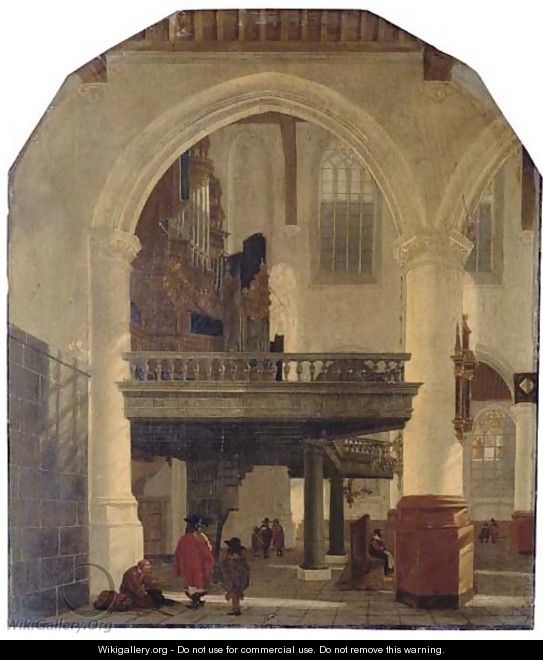 The west end of the Oude Kerk, Delft, from the southern aisle to the north, with the organ loft - Gerrit Houckgeest