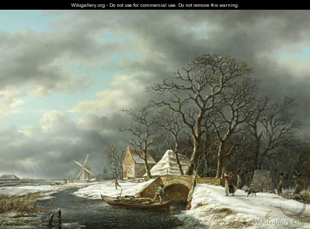 A winter landscape with a woodgatherer crossing a bridge and a peasant in a punter nearby - Gerrit Hendrik Gobell