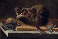 A still life with the head of a wild boar and three partridges, on a table - German School