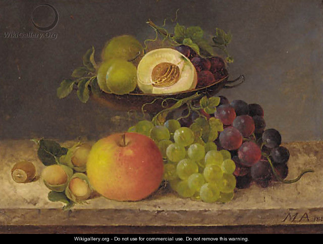 Plums, peaches, grapes in a tazza, and hazelnuts on a ledge alongside - German School