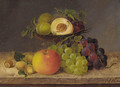 Plums, peaches, grapes in a tazza, and hazelnuts on a ledge alongside - German School