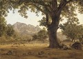 A massive oak tree in an extensive mountain landscape - German School