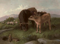 Cattle, sheep and rabbits on a hillside - George W. Horlor