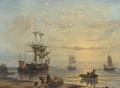 Shipping in a quiet bay at sunset - George Willem Opdenhoff