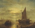 Moored sailingvessels in moonlight - George Willem Opdenhoff