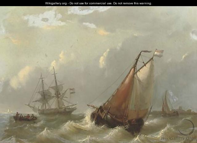 Dutch vessels on choppy waters by a coast - George Willem Opdenhoff