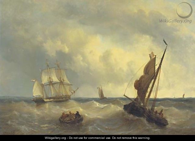 A three-master and other vessels on choppy water - George Willem Opdenhoff