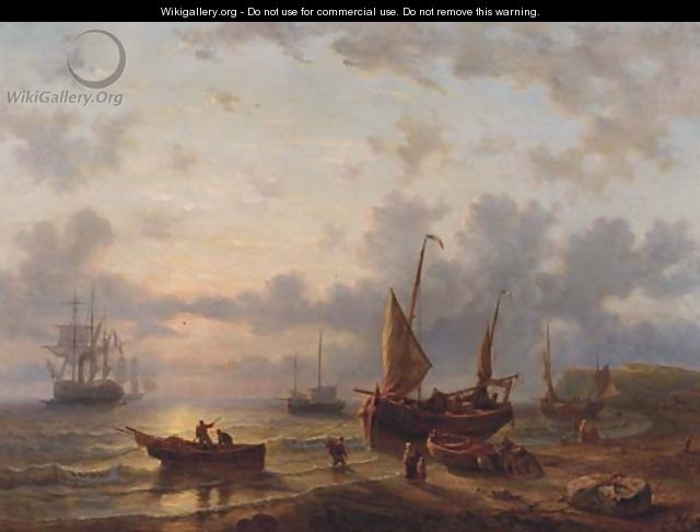 A French coastal scene with fishermen working at dusk - George Willem Opdenhoff