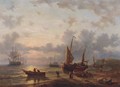A French coastal scene with fishermen working at dusk - George Willem Opdenhoff