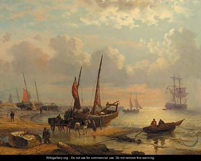 A coastal scene with sailingvessels and fishermen at work on a beach - George Willem Opdenhoff
