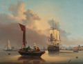 A frigate at anchor with other vessels in an estuary - George Webster